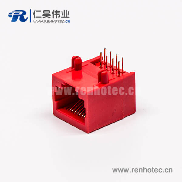 6 rj45網絡接口母座紅色全塑8P8C90度接PCB板