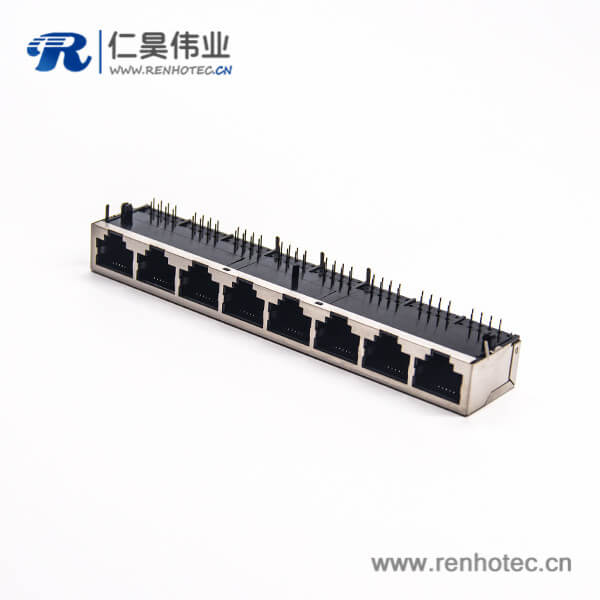 Rj45 8口網(wǎng)絡(luò)插座彎式90度插PCB板帶屏蔽模塊 Rj45 8口網(wǎng)絡(luò)插座彎式90度插PCB板帶屏蔽模塊
