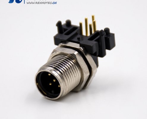 M12航空連接器90度板端插座A扣彎式PCB板安裝5芯公頭