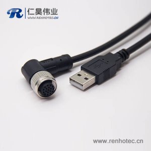 m12母頭彎式17芯工業防水直式公頭不帶屏蔽A編碼插頭轉USB2.01M AWG26