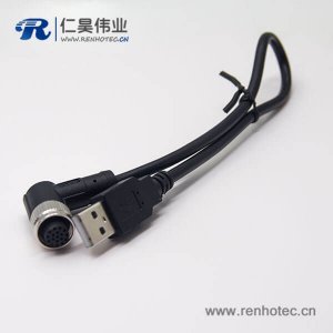 m12母頭彎式17芯工業防水直式公頭不帶屏蔽A編碼插頭轉USB2.01M AWG26