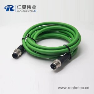 M12 d型4芯針型公頭雙邊線不帶屏蔽直式3M延長(zhǎng)電纜AWG22