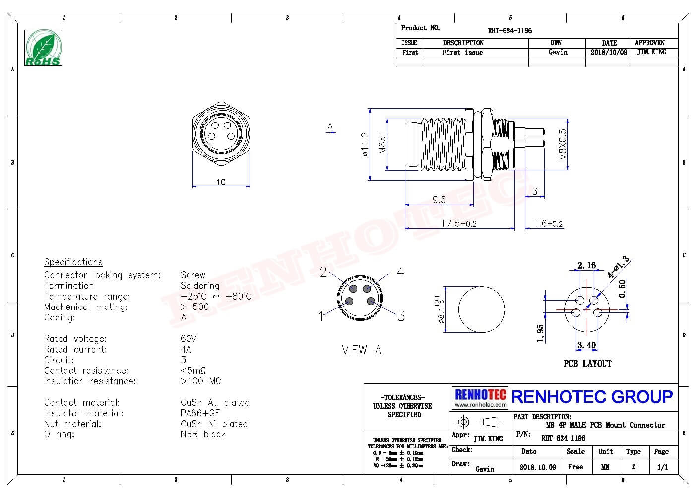 M8 PCB連接器直式板端前鎖螺紋連接器A型4芯公座防水工業自動化連接器