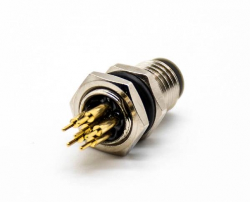 M8板端插座A編碼6芯公直式PCB安裝后鎖板M8*1.0