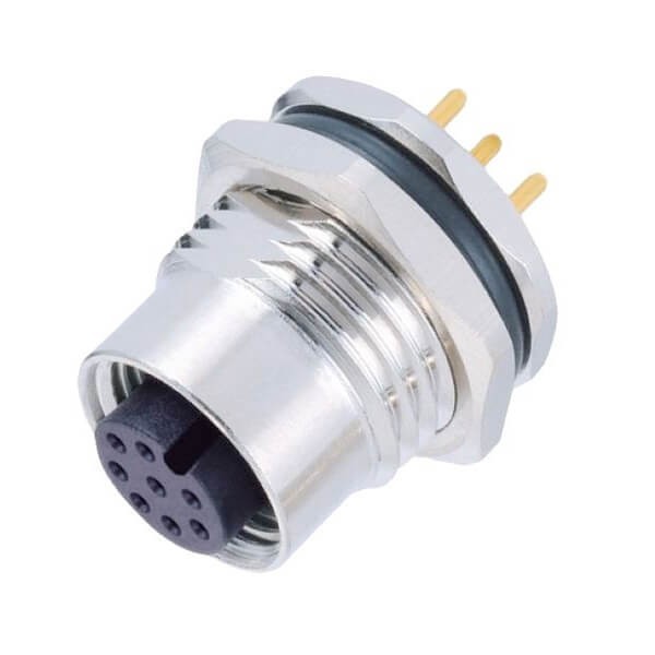 M12圓形防水連接器8芯母頭A扣插座PCB通孔插板式接觸針前鎖