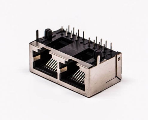 rj45雙口母座銅殼8p彎角屏蔽不帶燈網線插口接PCB