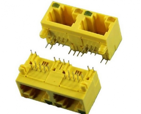 2聯RJ45網口1X2帶LED燈臥式8P8C連接器母座非屏蔽X2