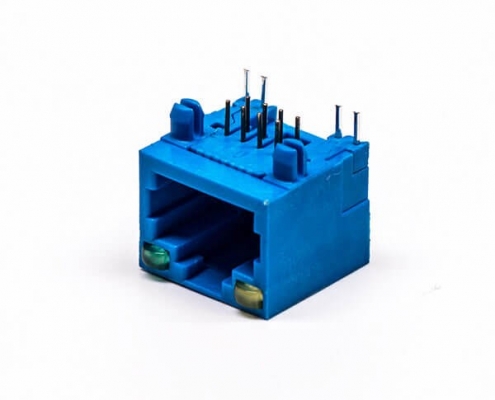 rj45網線接口母座彎式全塑藍色單口8p帶燈連接器
