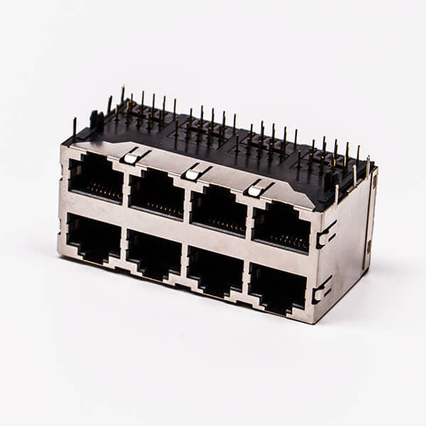 Rj458口網(wǎng)絡(luò)插座母頭銅殼90度帶彈片無(wú)燈接PCB
