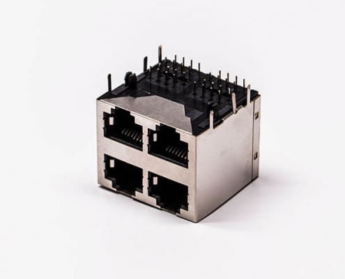 以太網接口RJ45四口2*2帶彈片彎角母頭屏蔽無燈