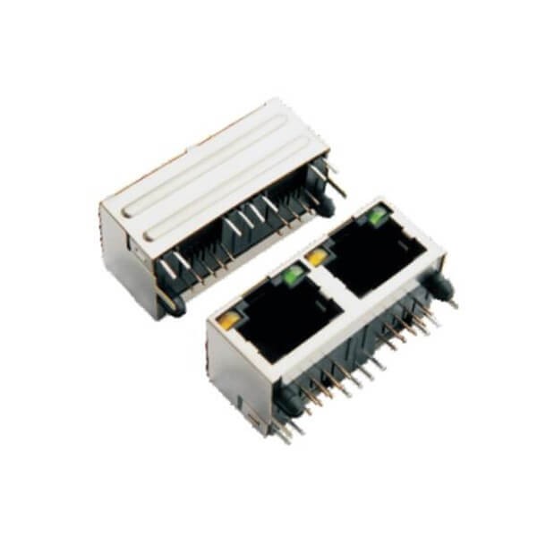 RJ45插座帶燈左黃右綠90度屏蔽雙口單層網絡連接器 RJ45插座帶燈左黃右綠90度屏蔽雙口單層網絡連接器