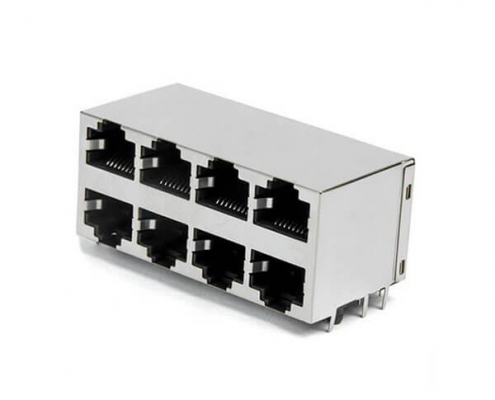 RJ45雙排16口-2x4平彈90度無燈屏蔽網絡插座國標耐高溫連接器接口