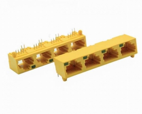 4口RJ45連接器網絡接口1X4全塑殼黃色8P8C非屏蔽網絡插座