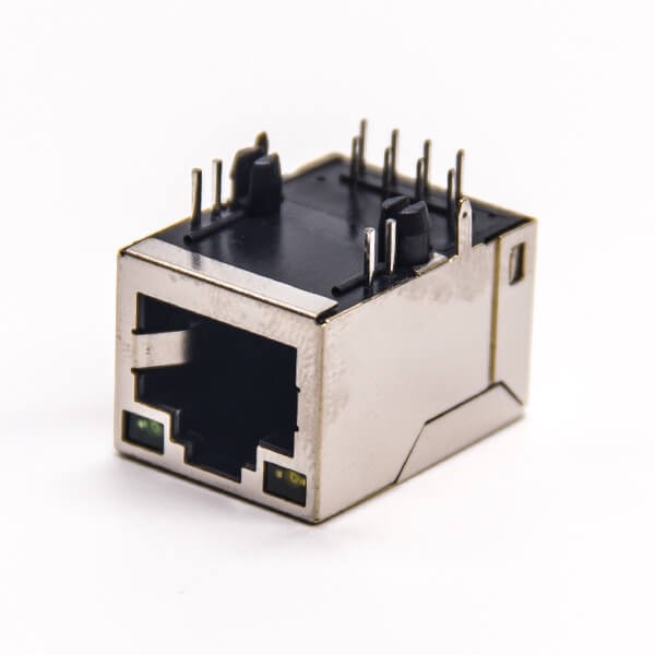 rj45插座帶燈彎式插PCB板帶定位柱屏蔽外殼 rj45插座帶燈彎式插PCB板帶定位柱屏蔽外殼