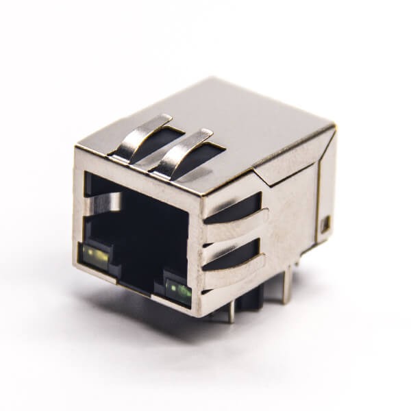 rj45母座帶燈帶屏蔽外殼彎式90度帶彈片穿孔接PCB板 rj45母座帶燈帶屏蔽外殼彎式90度帶彈片穿孔接PCB板