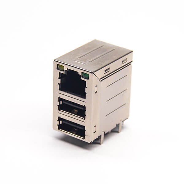 rj45加雙層usb2.0彎式90度穿孔插PCB板帶led燈帶屏蔽式 rj45加雙層usb2.0彎式90度穿孔插PCB板帶led燈帶屏蔽式