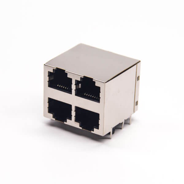 rj45母座2×2端口90度彎式屏蔽式接PCB板穿孔式 rj45母座2x2端口90度彎式屏蔽式接PCB板穿孔式