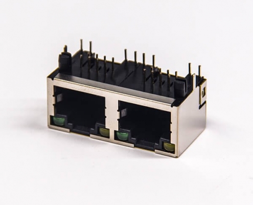 rj45網口端口1x2彎式90度插PCB板帶燈半包帶屏蔽