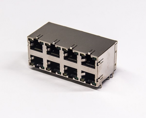rj45網口接頭母座2×4端口彎式帶屏蔽外殼帶彈帶燈