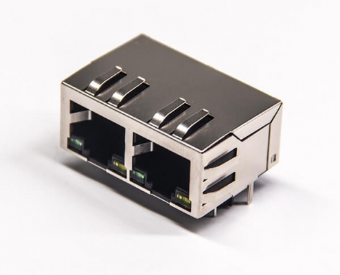 RJ45彈片帶燈雙端口1×2彎式8p8c全包屏蔽式網絡連接器