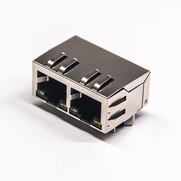 RJ45彈片帶燈雙端口1×2彎式8p8c全包屏蔽式網絡連接器